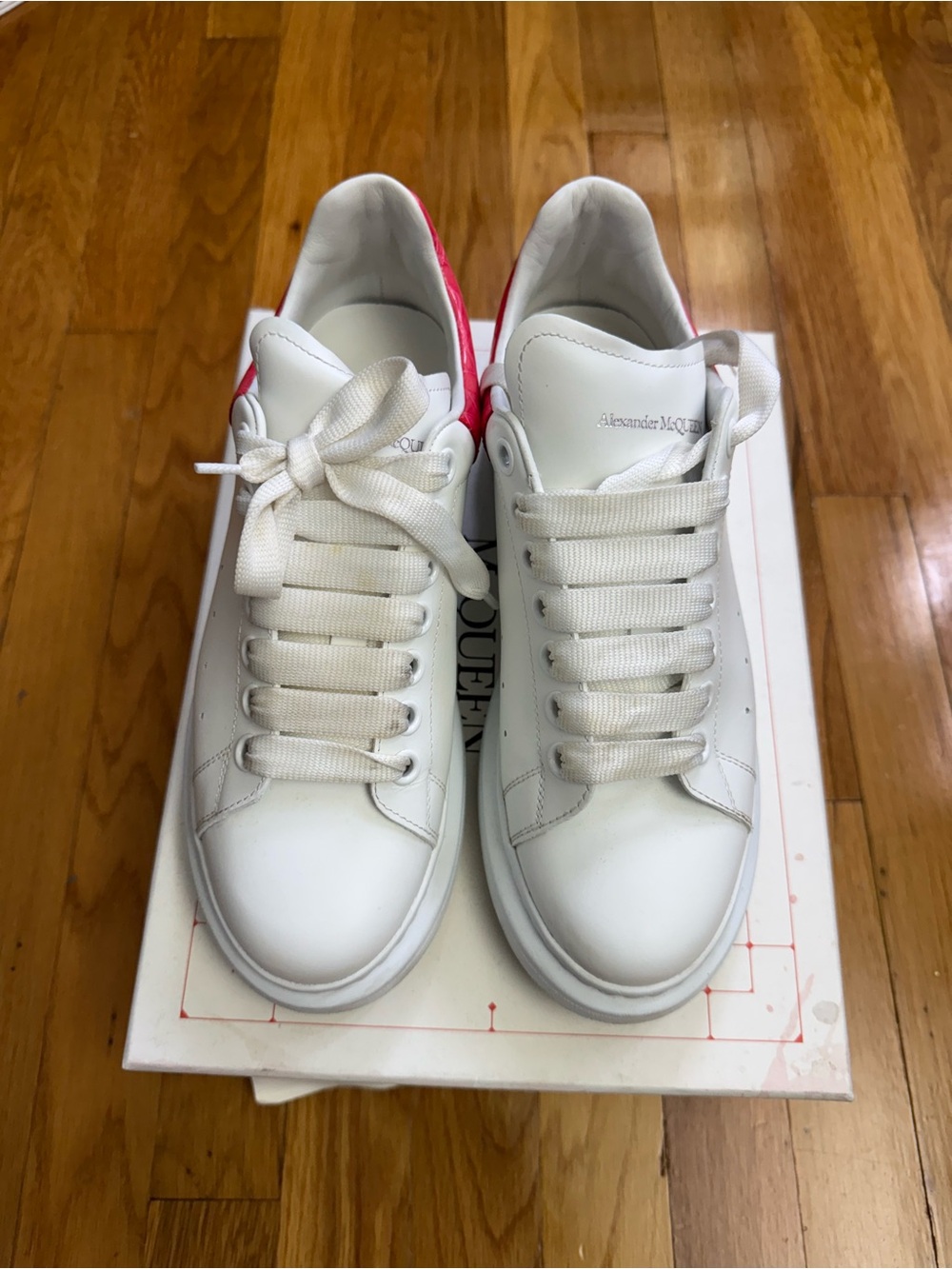 Alexander McQueen White Leather Sneakers with Pink Heel Tab